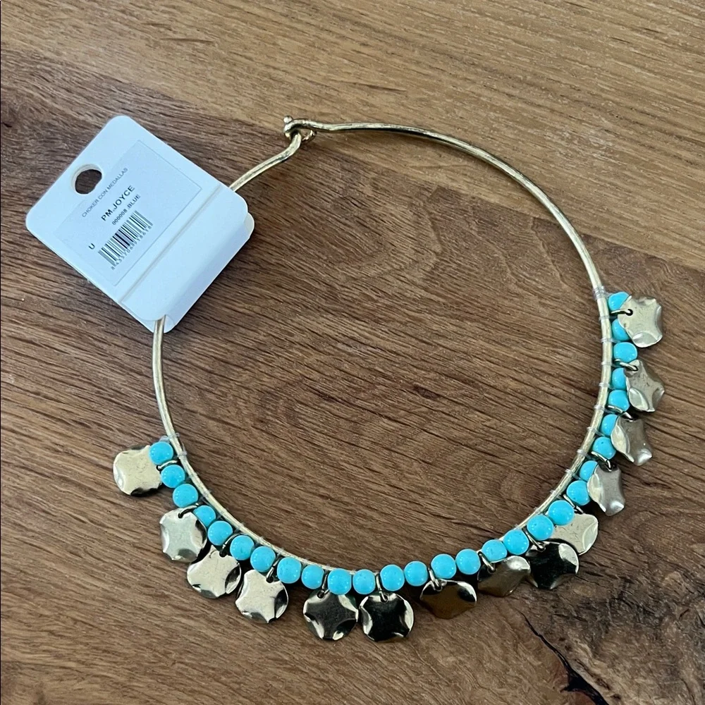NKN Nekane Joyce Blue Beaded Gold Disc Distressed Choker Necklace NWT Reg. $89 - Picture 5 of 9